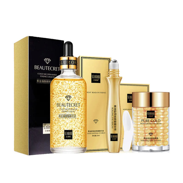 Kit Soin Visage 24K Or Niacinamide - Sérum Anti-Âge Contour Yeux Premium